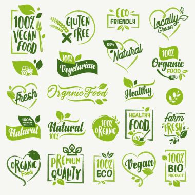 Organik gıda, gıda pazarı, e-ticaret, organik ürünler promosyon, sağlıklı yaşam ve sigorta primi nitelik yiyecek ve içecek için çiftlik taze ve doğal ürün etiketleri ve rozetleri koleksiyonu.