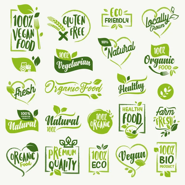 Biolebensmittel, Etiketten und Abzeichen für den Lebensmittelmarkt, E-Commerce, Bioprodukte, gesundes Leben und hochwertige Lebensmittel und Getränke. — Stockvektor