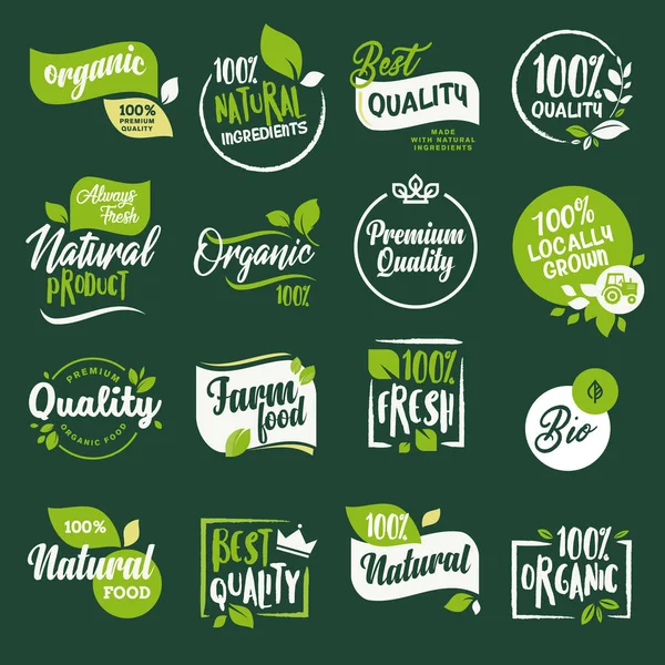 Ensemble d'étiquettes et d'insignes pour les aliments et boissons biologiques, restaurant, magasin d'aliments — Image vectorielle