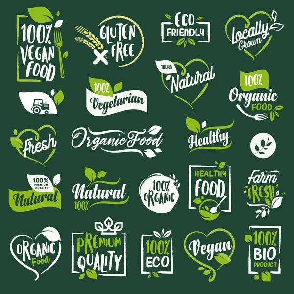 Ensemble d'étiquettes et d'insignes pour les aliments et boissons biologiques, restaurant, magasin d'aliments — Image vectorielle