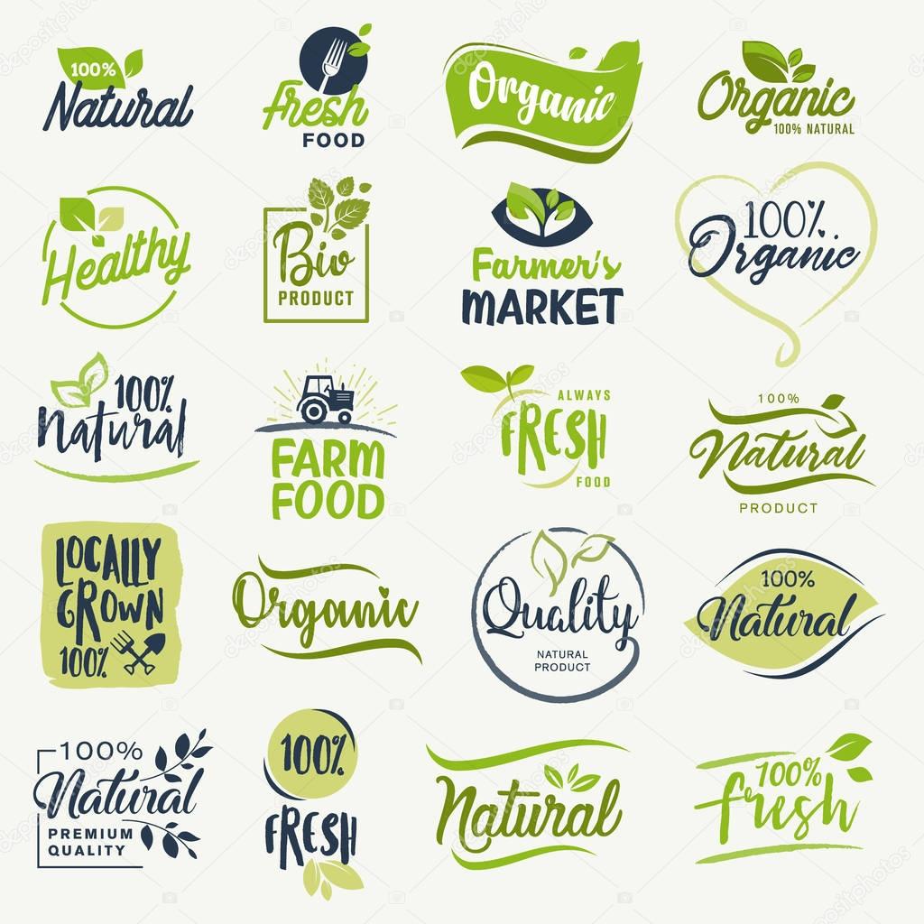 Organic food, farm fresh and natural product signs collection for food market, ecommerce, organic products promotion, healthy life and premium quality food and drink.