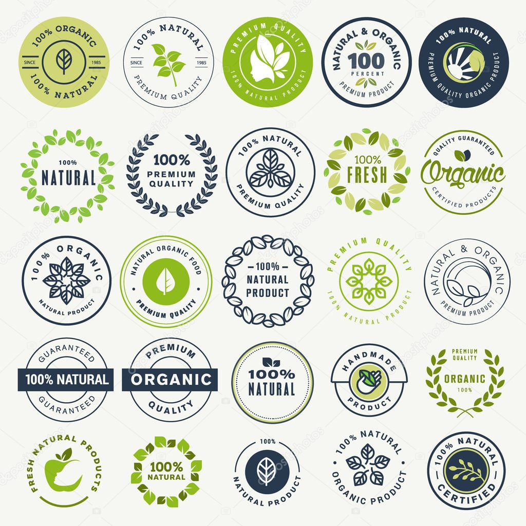 Set of stickers and badges for organic food and drink, and natural products