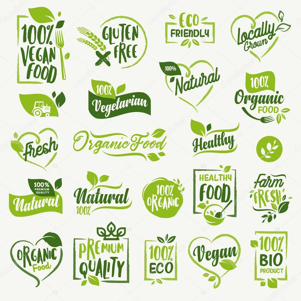 Organic food, farm fresh and natural product labels and badges collection for food market, ecommerce, organic products promotion, healthy life and premium quality food and drink.