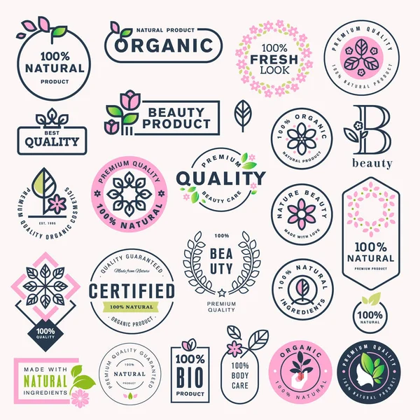 Güzellik, doğal kozmetik ve sağlık Etiketler ve stickerlar kümesi — Stok Vektör