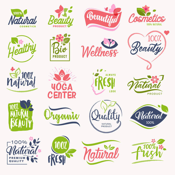 Set of beauty and cosmetics, spa and wellness labels and badges. Vector illustration concepts for web design, packaging design, promotional material.