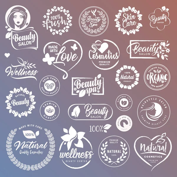 Etiketleri ve doğal kozmetik ve güzellik ürünleri için öğeleri koleksiyonu — Stok Vektör