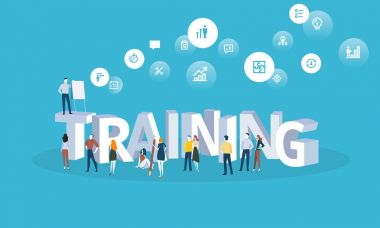 Düz tasarım stili web banner için eğitim kursları, personel eğitimi, online eğitim, uzmanlık, yeniden eğitme