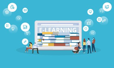 E-öğrenme, e-kitaplar, uzaktan eğitim, online dersler için düz tasarım stili web banner