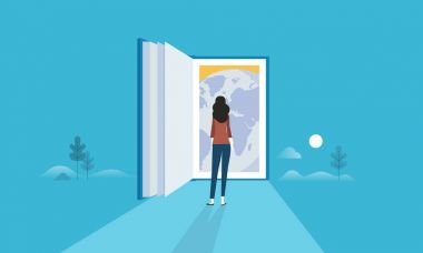 Eğitim için tüm, Bütün dünya, küresel bilgi kapıya için düz tasarım stili web banner