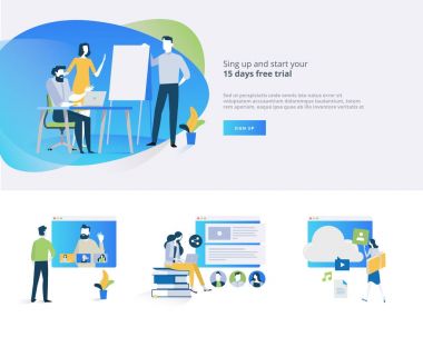 Düz tasarım afiş ve Uzaktan eğitim, eğitim videosu, online eğitim kursları, eğitim apps, yıllık planı, Web sitesi tasarımı için öğretim elemanları.