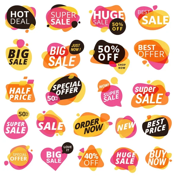 Set van stickers en badges, winkelen productpromotie, aanbieding, — Stockvector