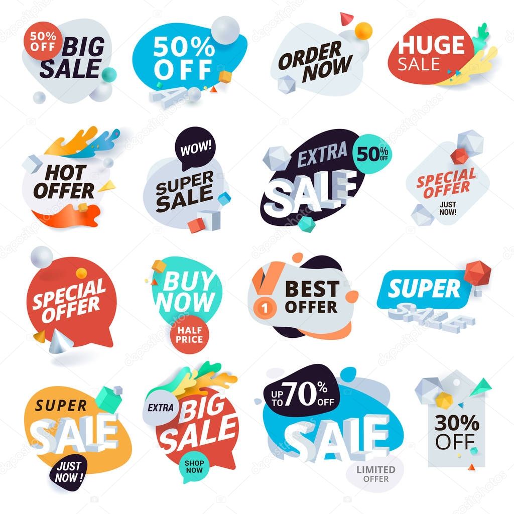 Unique collection of stickers and badges for sale, product promotion, special offer, shopping