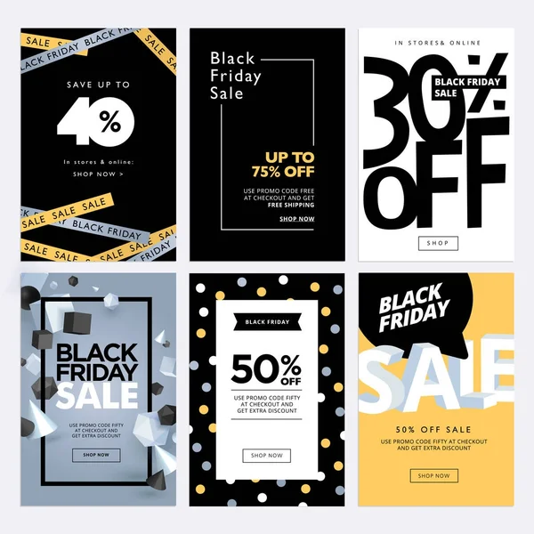 Bandiere di vendita del Black Friday. Set di banner web di social media per lo shopping, la vendita, la promozione del prodotto, la liquidazione — Vettoriale Stock