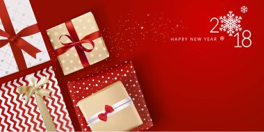 Yeni yıl 2018 tebrik kartı vektör Illustration. Tebrik kartı, web afiş, sakinleştirmek broşür, parti davetiye tasarım şablonu.