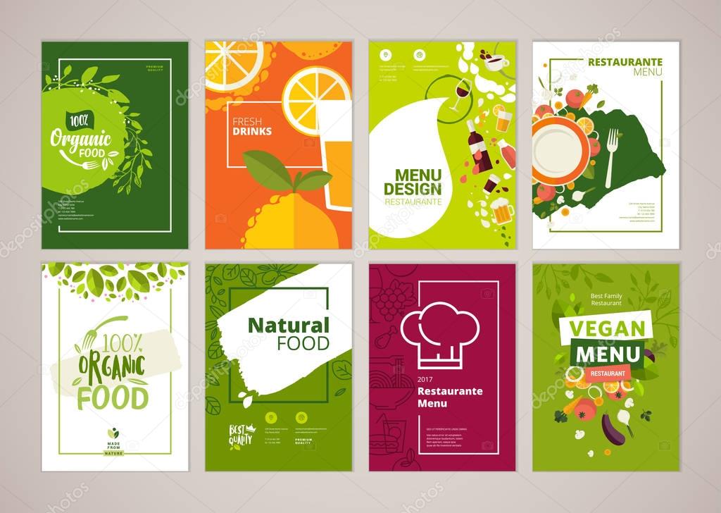 Set of restaurant menu, brochure, flyer design templates in A4 size. Vector illustrations for food and drink marketing material, ads, natural products presentation templates, cover design.
