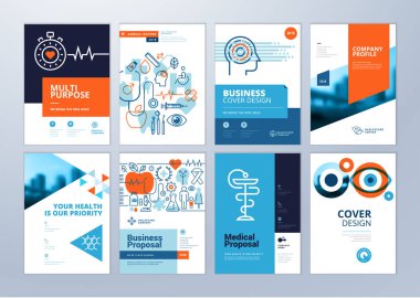 Set of medical brochure, annual report, flyer design templates in A4 size. Vector illustrations for medical, healthcare, pharmacy presentation, document cover and layout template designs. clipart
