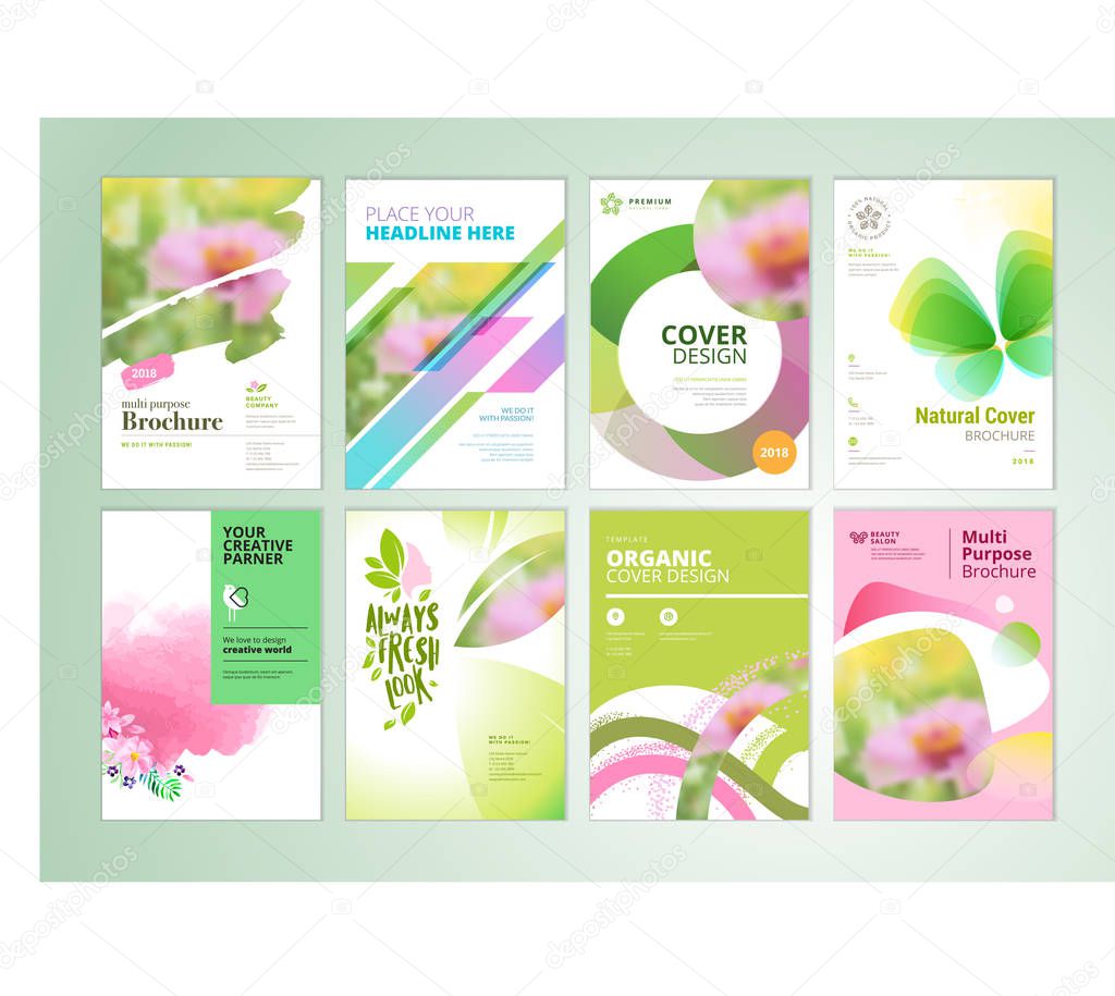 Set of natural product brochure, annual report, flyer design templates in A4 size. Vector illustrations for beauty, organic products and cosmetics presentation, document cover and layout template designs.