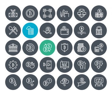 İnce çizgi cryptocurrency Icons set. Premium Kalite anahat simgesi toplama blockchain teknoloji, bitcoin, altcoins, madencilik, finans, dijital para piyasası, cryptocoin m-cüzdan, Menkul Kıymetler Borsası.