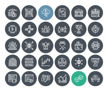 İnce çizgi cryptocurrency Icons set. Premium Kalite anahat simgesi toplama blockchain teknoloji, bitcoin, altcoins, madencilik, finans, dijital para piyasası, cryptocoin m-cüzdan, Menkul Kıymetler Borsası.