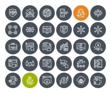 İnce çizgi cryptocurrency Icons set. Premium Kalite anahat simgesi toplama blockchain teknoloji, bitcoin, altcoins, madencilik, finans, dijital para piyasası, cryptocoin m-cüzdan, Menkul Kıymetler Borsası.