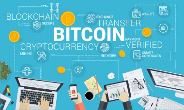 Bitcoin. Düz tasarım stili web afiş blockchain teknoloji, bitcoin, altcoins, cryptocurrency madencilik, finans, dijital para piyasası, cryptocoin m-cüzdan, kripto Satım. 