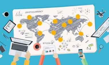 Bitcoin Pazar. Düz tasarım stili web afiş blockchain teknoloji, bitcoin, altcoins, cryptocurrency madencilik, finans, dijital para piyasası, cryptocoin m-cüzdan, kripto Satım. 