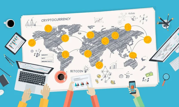 Mercado Bitcoin Banner Web Estilo Design Plano Tecnologia Blockchain Bitcoin —  Vetores de Stock