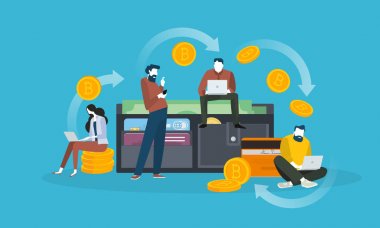 Cryptocurrency cüzdan. Düz tasarım stili web afiş blockchain teknoloji, bitcoin, altcoins, cryptocurrency madencilik, finans, dijital para piyasası, cryptocoin m-cüzdan, kripto Satım. 