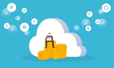 Madencilik bulut. Düz tasarım stili web afiş blockchain teknoloji, bitcoin, altcoins, cryptocurrency madencilik, finans, dijital para piyasası, cryptocoin m-cüzdan, kripto Satım. 