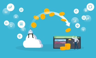 Bitcoin bulut madencilik. Düz tasarım stili web afiş blockchain teknoloji, bitcoin, altcoins, cryptocurrency madencilik, finans, dijital para piyasası, cryptocoin m-cüzdan, kripto Satım. 