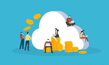 Cryptocurrency bulut madencilik. Düz tasarım stili web afiş blockchain teknoloji, bitcoin, altcoins, cryptocurrency madencilik, finans, dijital para piyasası, cryptocoin m-cüzdan, kripto Satım. 