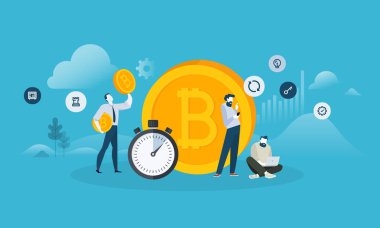 Bitcoin Satım. Düz tasarım stili web afiş blockchain teknoloji, bitcoin, altcoins, cryptocurrency madencilik, finans, dijital para piyasası, cryptocoin m-cüzdan, kripto Satım. 