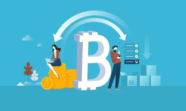 Bitcoin Alışveriş Düz Tasarım Stili Web Afiş Blockchain Teknoloji Bitcoin — Stok Vektör