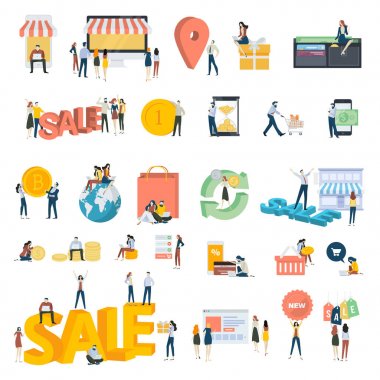Beyaz izole düz tasarım insanlar kavramı kutsal kişilerin resmi. Alışveriş, e-ticaret, online ödeme için vektör çizimler kümesi.