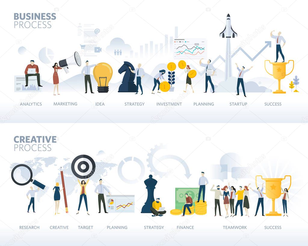 Set of flat design web banners of business process and creative process, isolated on white. Vector illustration concepts for business plan, startup, design process, product development, creativity and innovation.