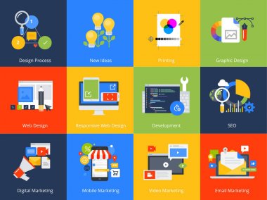 Düz tasarım kavramı simgeler. Vektör çizimler için web tasarım ve geliştirme, Seo, duyarlı web tasarım, grafik tasarım ve yaratıcı süreç, internet pazarlama.