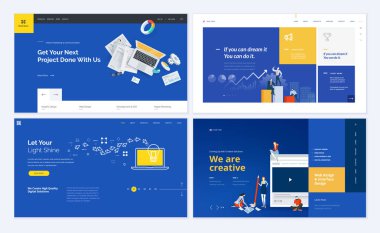 Yaratıcı web sitesi şablonu tasarım kümesi. Vektör Web sitesi ve pazarlama, mobil web sitesi tasarımı ve geliştirme, Seo, iş apps, grafik tasarım, illüstrasyon kavramlar sosyal medya uygulamaları, saat ve proje yönetimi. Düzenlemek ve özelleştirmek kolay.