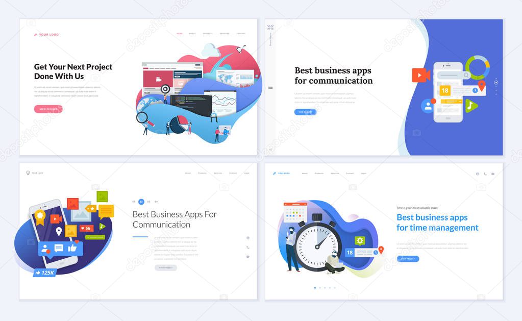 Set of creative website template designs. Vector illustration concepts for website and mobile website design and development, SEO, business apps, marketing, graphic design, social media apps, time and project management. Easy to edit and customize.