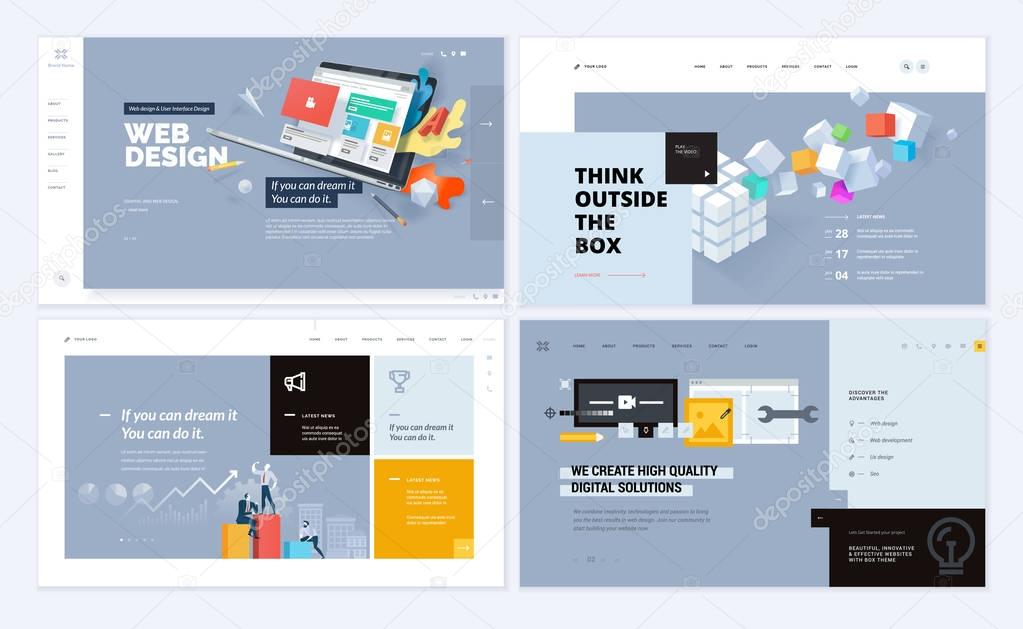 Set of creative website template designs. Vector illustration concepts for website and mobile website design and development, SEO, business apps, marketing, graphic design, social media apps, time and project management. Easy to edit and customize.