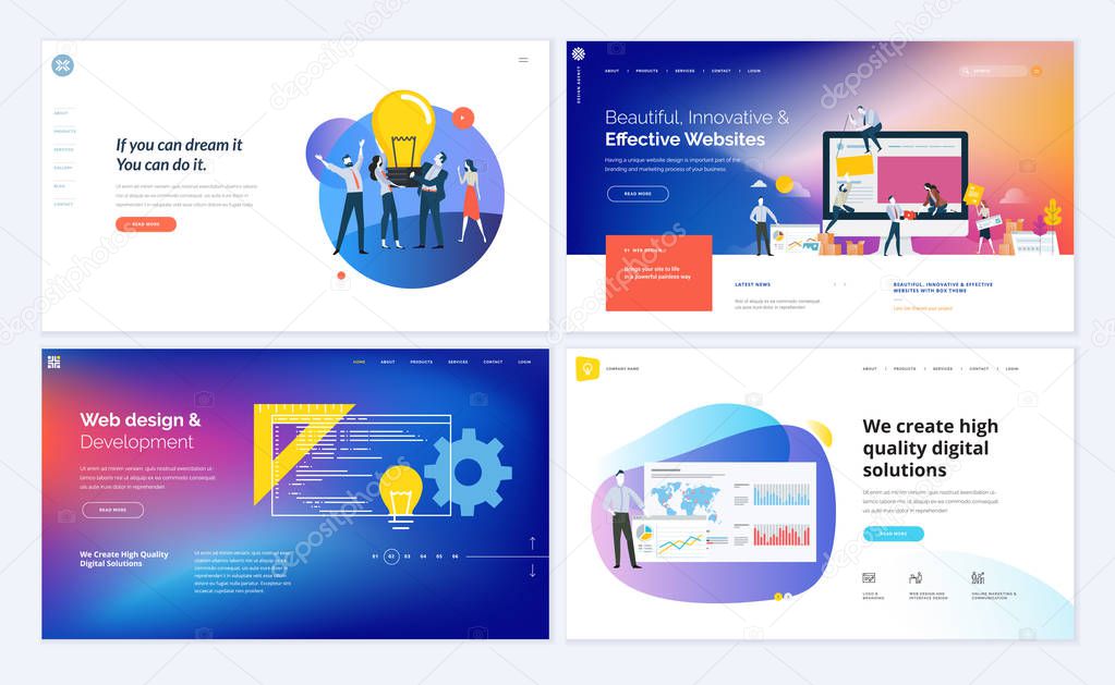 Set of creative website template designs. Vector illustration concepts for website and mobile website design and development, SEO, business apps, marketing, graphic design, social media apps, time and project management. Easy to edit and customize.