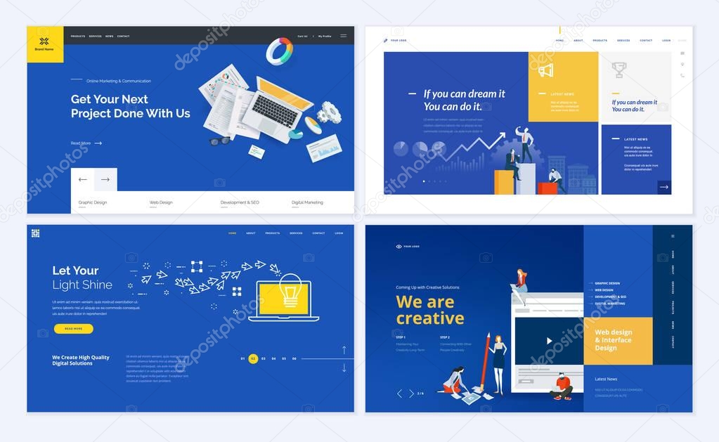 Set of creative website template designs. Vector illustration concepts for website and mobile website design and development, SEO, business apps, marketing, graphic design, social media apps, time and project management. Easy to edit and customize.
