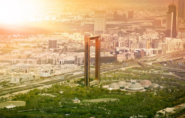 Skyline Van Dubai Met Dubai Frame Gebouw Bij Zonsondergang — Stockfoto