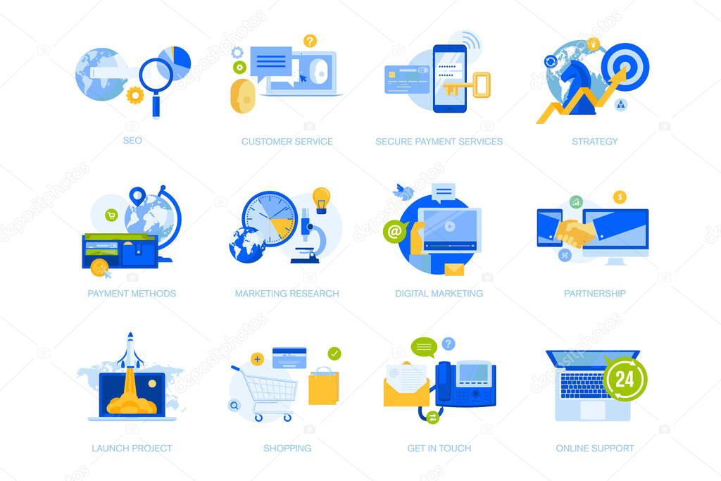 Flat design concept icons collection. Vector illustrations for business strategy, communication and support, startup, online payment, shopping, seo, internet marketing. Icons for graphic and web designs, marketing material and business presentations.