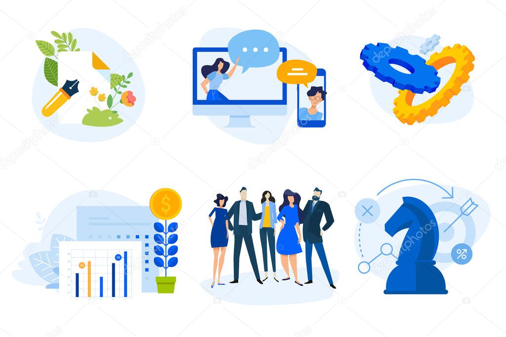Flat design concept icons collection. Vector illustrations for business planning and strategy, project development, finance and investment, online communication, team, copywriting. Icons for graphic and web designs, marketing material.