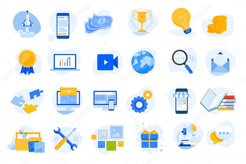 Flat design concept icons collection. Vector illustrations for startup, graphic and web design and development, app, finance, social media, business, marketing, m-commerce, education. Icons for graphic and web designs, marketing material.