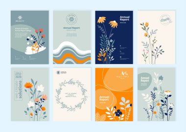 Doğa, ilkbahar, güzellik, moda, doğal ve organik ürünler ve çevre üzerine bir dizi broşür. Kapak tasarımları için vektör illüstrasyon kavramları, yıllık raporlar, iş belgeleri, sunum şablonları, pazarlama materyali.  