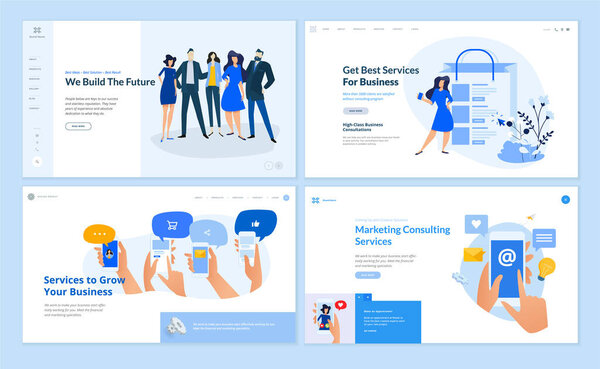 Set of flat design web page templates of business services, digital marketing, social media, our team, online communication. Modern vector illustration concepts for website and mobile website development. 