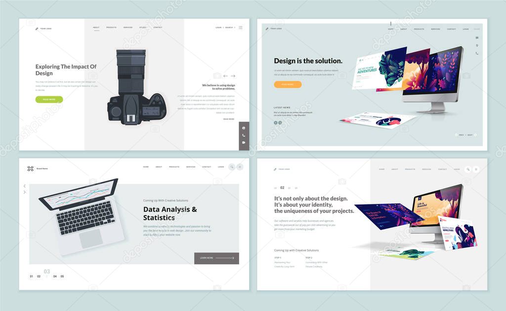 Set of flat design web page templates of graphic and web design, photo editor, data analysis and statistics. Modern vector illustration concepts for website and mobile website development. 
