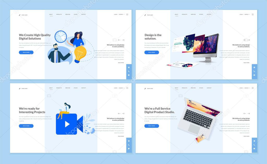 Set of flat design web page templates of startup, project development, video streaming, responsive design. Modern vector illustration concepts for website and mobile website development. 
