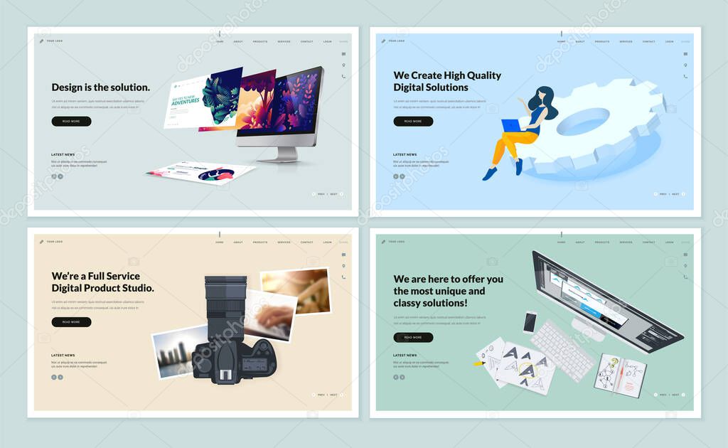 Set of flat design web page templates of corporate identity, digital solutions, photography, web design. Modern vector illustration concepts for website and mobile website development. 